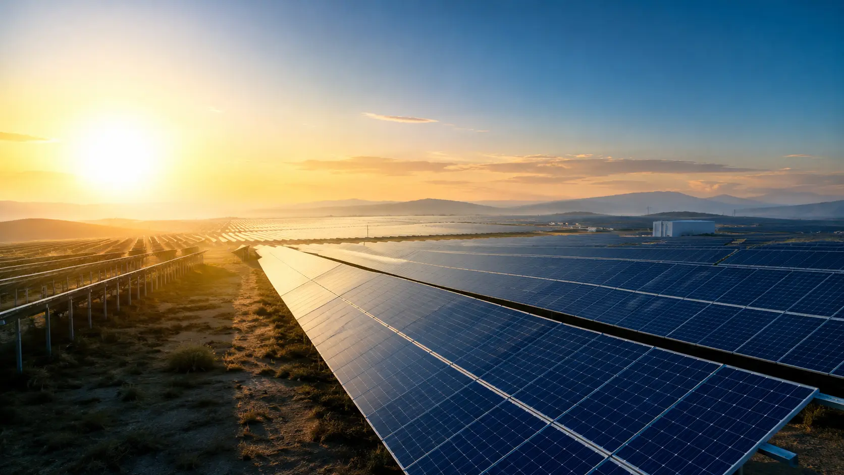 Vast solar farm at sunrise with modern solar panels and advanced inverter technology
